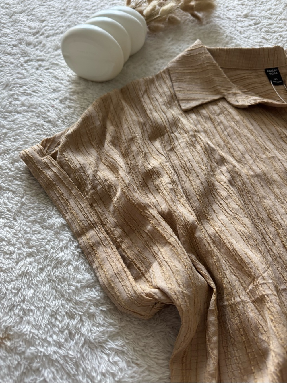 Relaxed Short-Sleeve Button Front Top - Beige - Picture 3 of 5